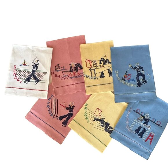 Vintage KItchen Towels Embroidered Cross Stitch Linens Sailor Washday Navy Pride - Picture 1 of 14